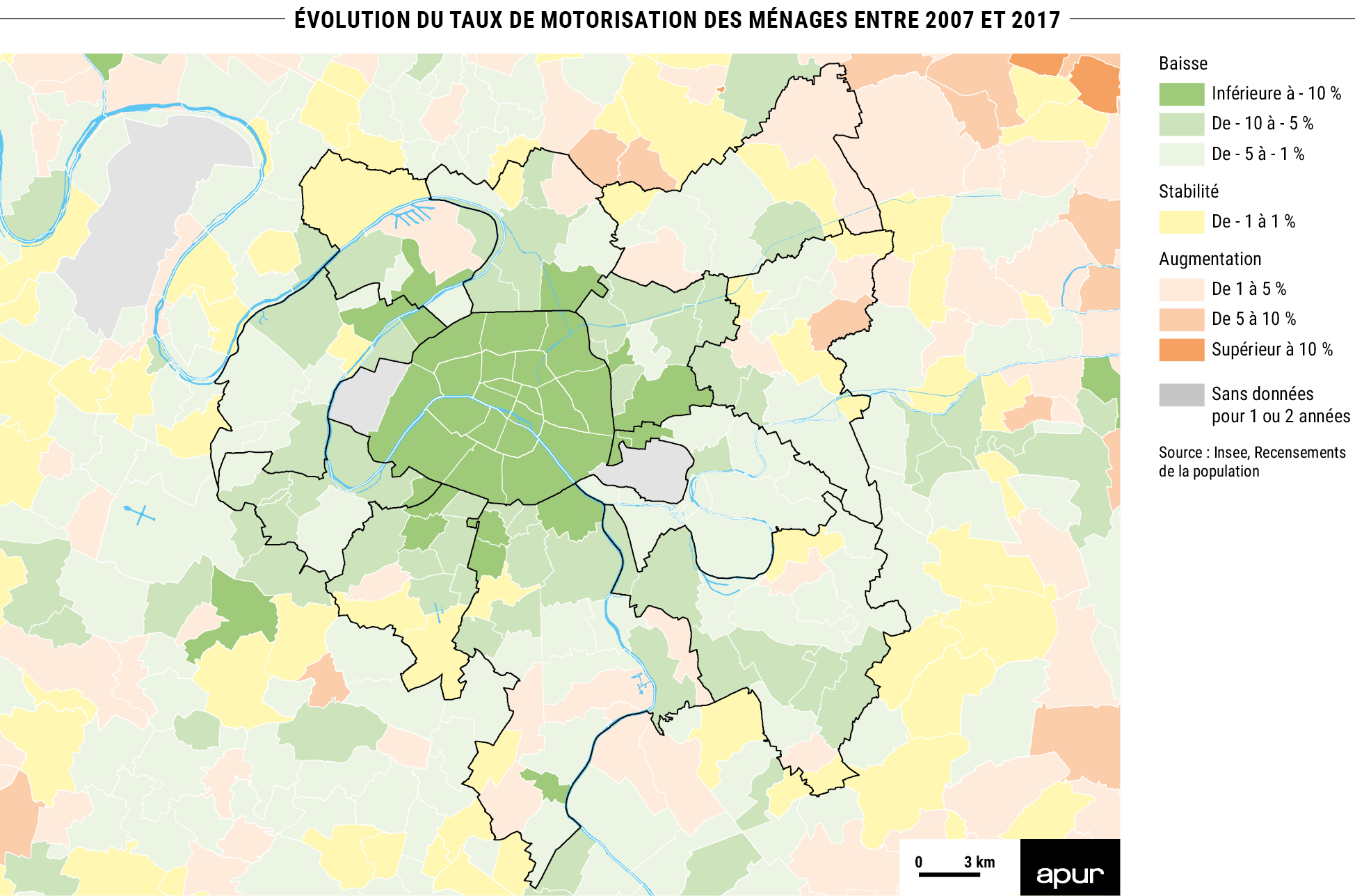Synthèse mobilités #6 - Évolution du taux de motorisation des ménages entre 2007 et 2017 © Apur