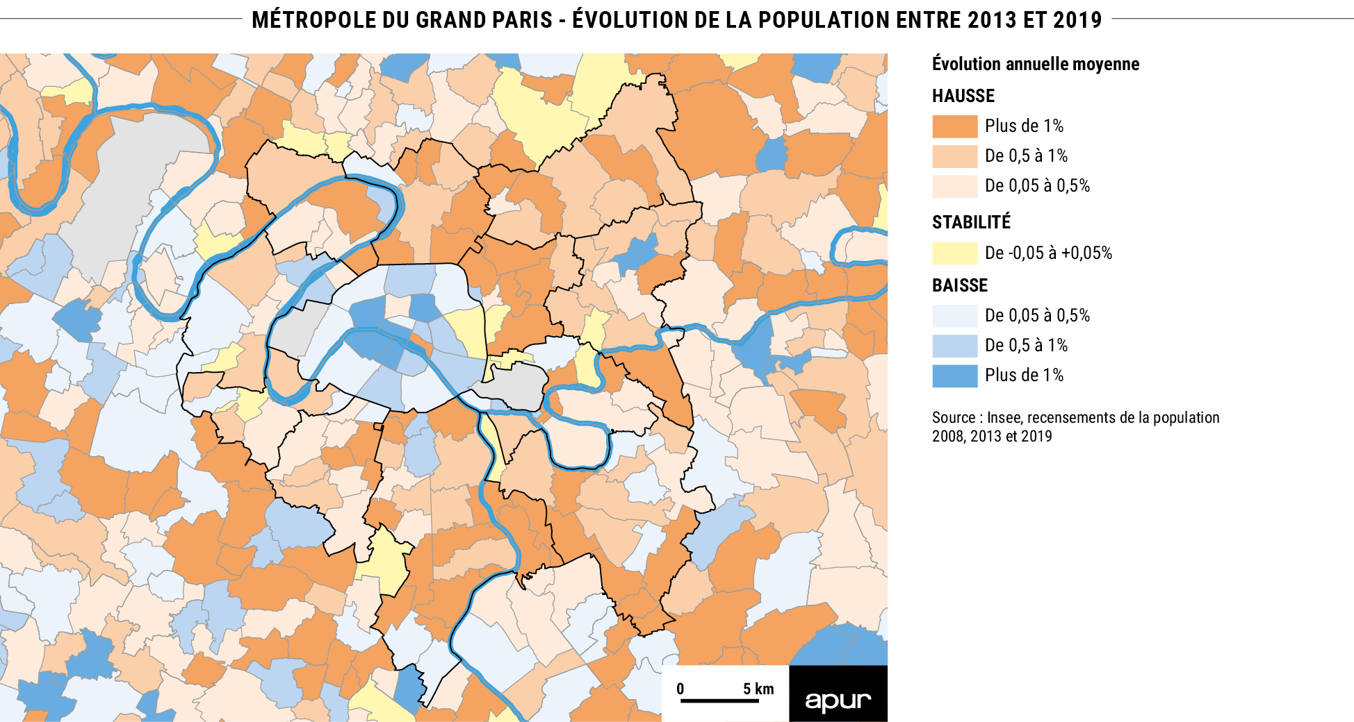 Métropole du Grand Paris - Évolution de la population entre 2013 et 2019 © Apur - Source : Insee, recensements de la population 2008, 2013 et 2019