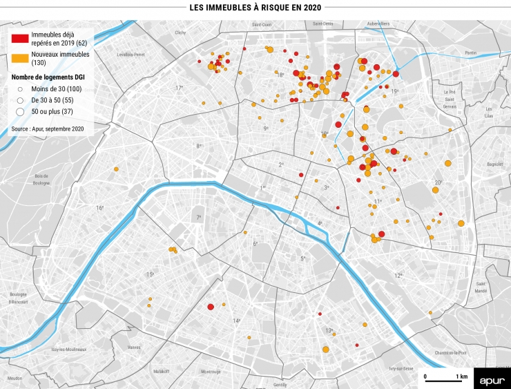 Les immeubles à risque en 2020 à Paris © Apur