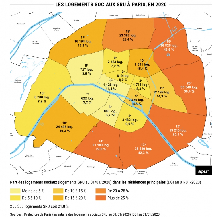 Les logements sociaux SRU à Paris en 2020 - Sources : préfecture de Paris (inventaire des logements sociaux SRU au 01/01/2020), DGI au 01/01/2020 © Apur