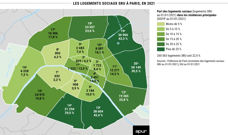 Les logements sociaux SRU à Paris, en 2021 - Sources : Préfecture de Paris (inventaire des logements sociaux SRU au 01/01/2021), DGI au 01/01/2021 © Apur