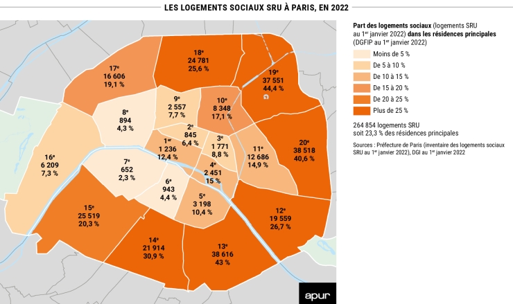Les logements sociaux SRU à Paris, en 2022 © Apur