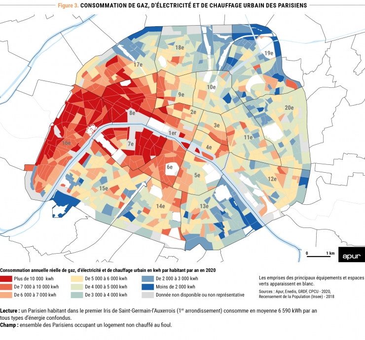 8P212_fig3 - Consommation de gaz, d’électricité et de chauffage urbain des parisiens - Sources : Apur, Enedis, GRDF, CPCU - 2020, Recensement de la Population (Insee) - 2018 © Apur