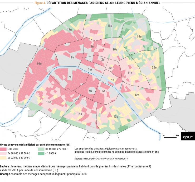 8P212_fig4 - Répartition des ménages parisiens selon leur revenu médian annuel - Sources : Insee, DGFIP-CNAF-CNAV-CCMSA, FiLoSoFi 2018 © Apur