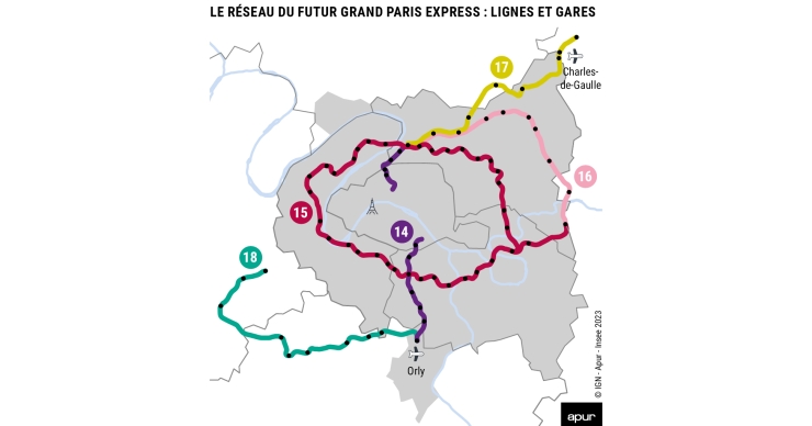 8P234_1 - Le réseau du futur Grand Paris Express : lignes et gares © Apur