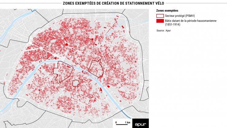 Note 210 - Carte 1 - Zones exemptées de création de stationnement vélo © Apur