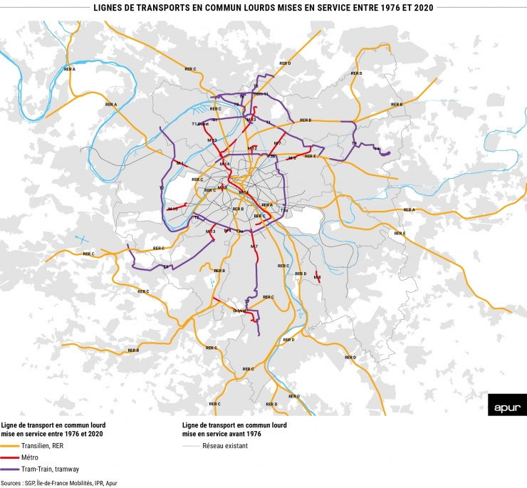 Synthèse mobilités #8 - Lignes de transports en commun lourds mises en service entre 1976 et 2020 © Apur