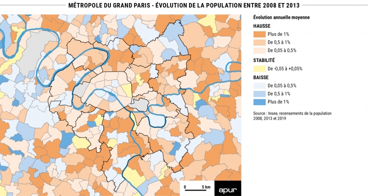 Métropole du Grand Paris - Évolution de la population entre 2008 et 2013 © Apur - Source : Insee, recensements de la population 2008, 2013 et 2019