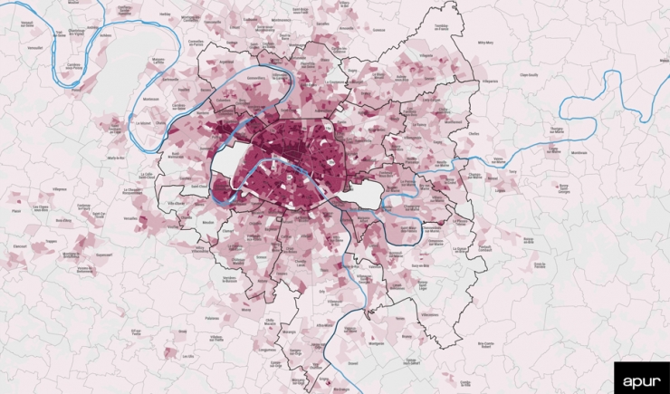 Human density (population + salaried jobs) in the Grand Paris Metropolis © Apur