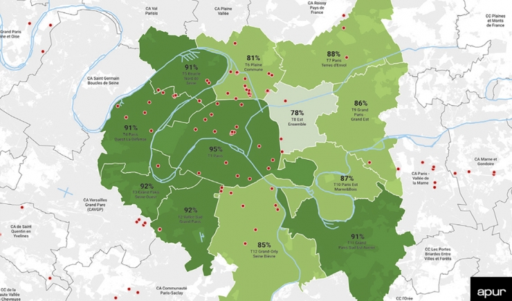 Location of data centres and the FTTH optic fibre deployment rate in the Greater Paris - Grand Paris Metropolis - © Apur
