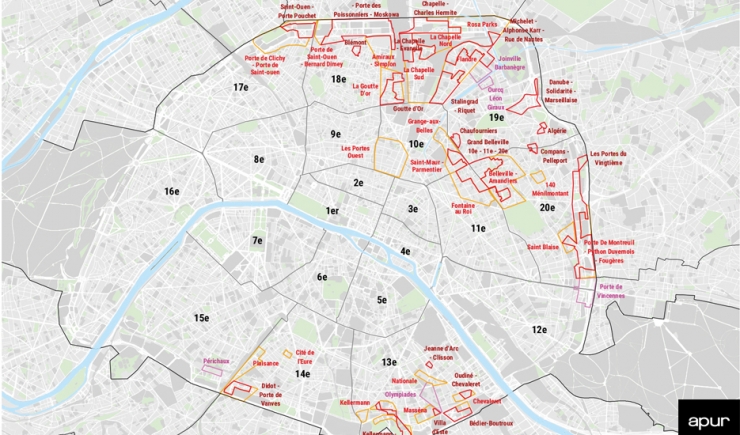 Neighbourhoods of the City of Paris Urban Cohesion Policy (GPV) © Apur