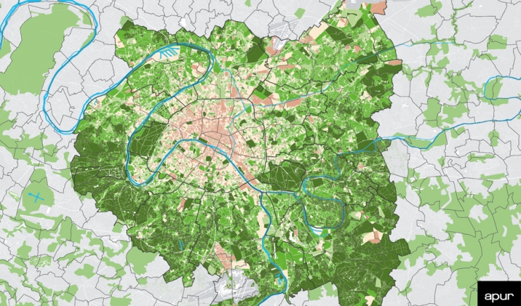 Level of vegetation per street block in the Greater Paris - Grand Paris Metropolis - @ Apur