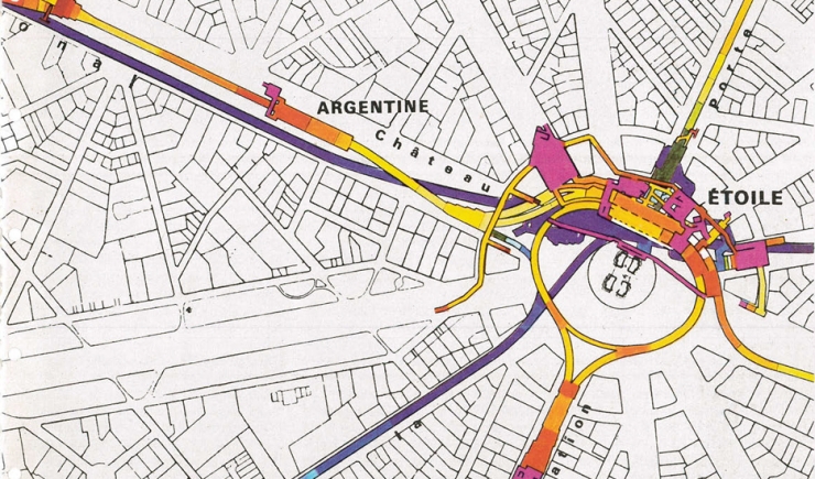 Extract of the Métro map including the depth of tunnels and stations and the entire complex of arcades and corridors © Apur