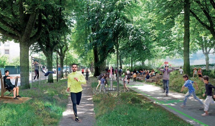 Illustration of the trail’s development on the edge of woods, gardens and planted walkways. Example of the Bois de Boulogne woods, Allée des Fortifications © 2018 – ATELIER DES MILLE – Apur