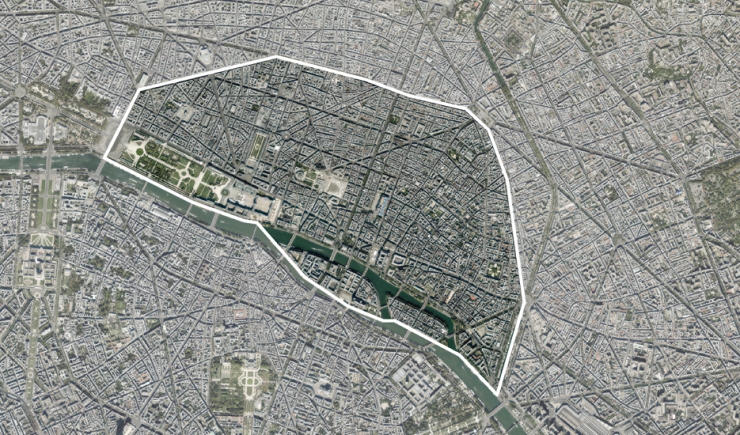 Vue aérienne sur les quatre premiers arrondissements de Paris © MNE/MNT/Photo/proche infrarouge Aerodata