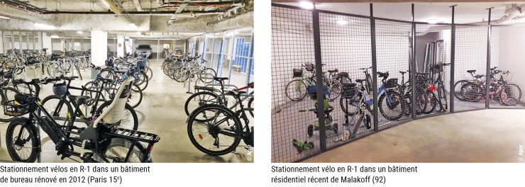 Note 210 - Photos 1 - Stationnement vélos en R-1 dans un bâtiment de bureau rénové en 2012 (Paris 15e) / Stationnement vélo en R-1 dans un bâtiment résidentiel récent de Malakoff (92) © Apur