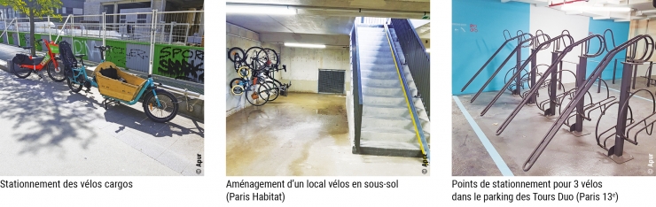 Note 210 - Photos 2  - Stationnement des vélos cargos / Aménagement d'un local vélos en sous-sol (Paris Habitat) / Points de stationnement pour 3 vélos dans le parking des Tours Duo (Paris 13e) © Apur