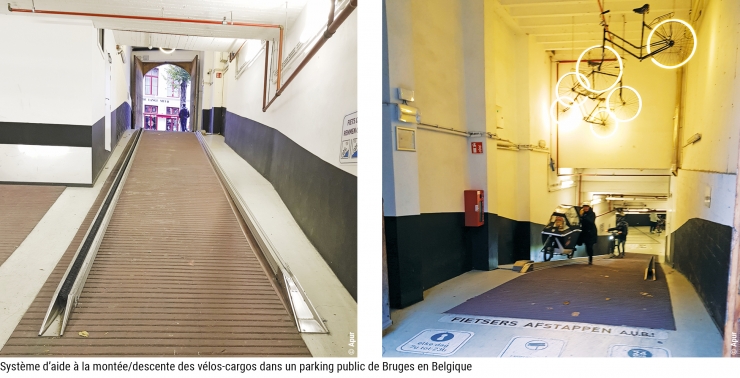 Note 210 - Photos 3  - Système d’aide à la montée/descente des vélos-cargos dans un parking public de Bruges en Belgique © Apur