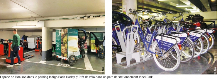 Espace de livraison dans le parking Indigo Paris Harley // Prêt de vélo dans un parc de stationnement Vinci Park © Apur