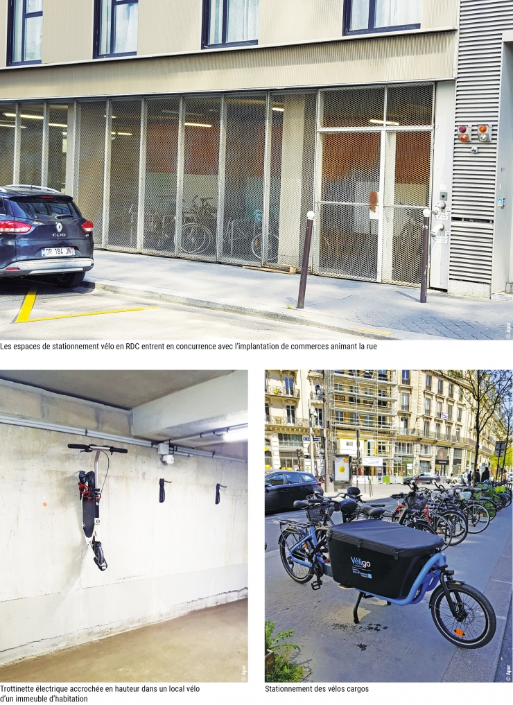 Note 210 - Photos 4  - Espaces de stationnement vélo en RDC entrent en concurrence avec implantation de commerces animant la rue / Trottinette électrique accrochée en hauteur dans un local vélo d’un immeuble d’hab. / Stationnement des vélos cargos © Apur